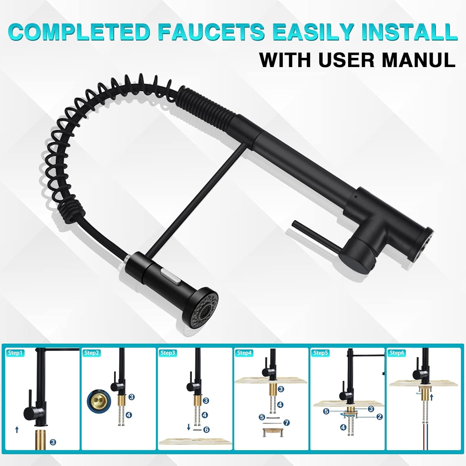 Kitchen Faucet with Pull Down Sprayer, 304 Stainless Steel, Matte Black J994