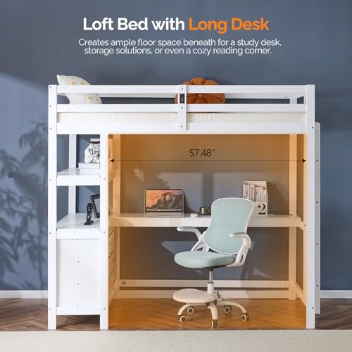 VINGLI Twin Loft Bed with L-Shaped Desk, 3 Storage Drawers, Solid Wood, White W24917