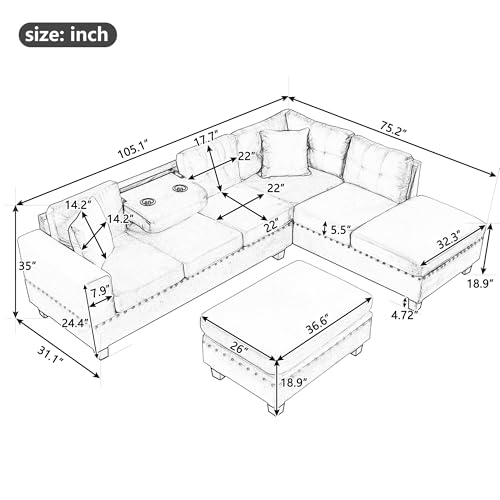 Merax Modern Sectional Sofa with Storage Ottoman, Black P61461