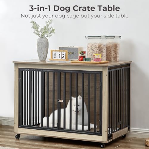 Dog Crate Furniture with Pull-Out Bowls, Heavy Duty Wooden Kennel, Grey F410