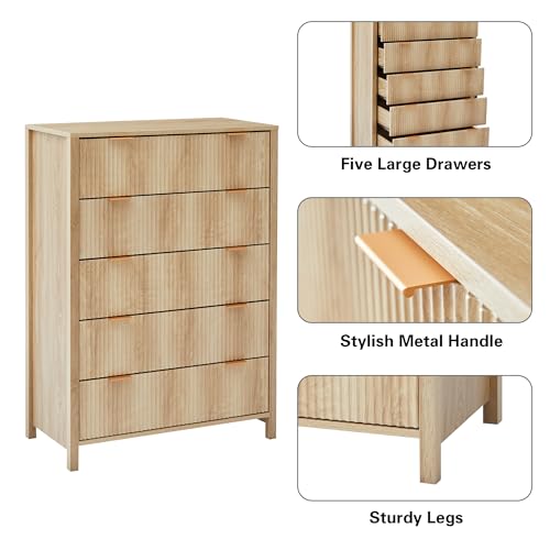 Fluted 5 Drawers Dresser for Bedroom, Wooden Tall Storage, Walnut L1075