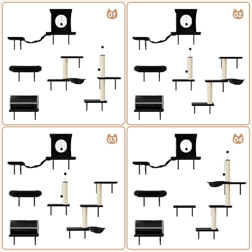 NUNU LAB Wall Mounted Cat Climber Set with House, Tunnel, Scratcher, Black M305