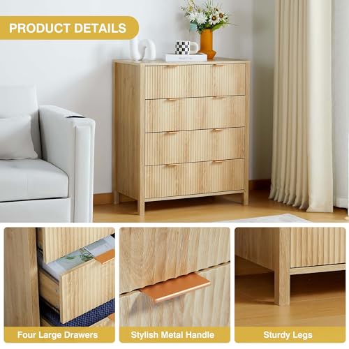 Fluted 5 Drawers Dresser for Bedroom, Wooden Tall Storage, Walnut L1075