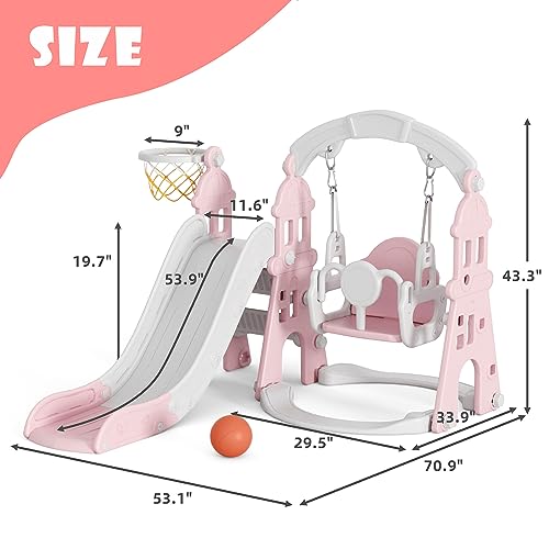 67i Toddler Swing and Slide Set 5 in 1 Indoor Playset with Basketball Frame (Pink) J1947