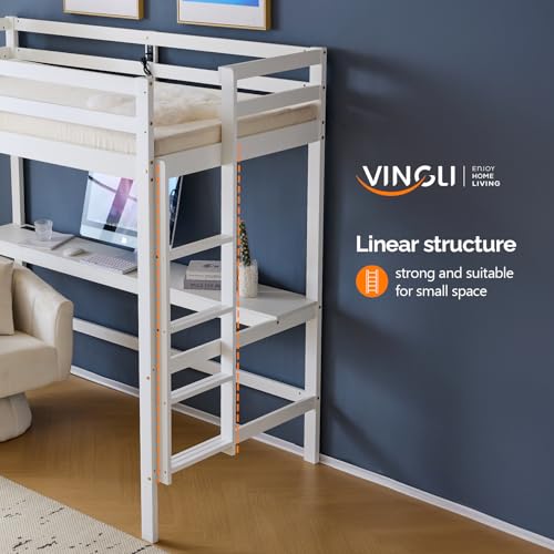 VINGLI Twin Loft Bed with L-Shaped Desk, 3 Storage Drawers, Solid Wood, White W24917
