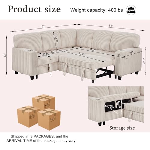 L-Shaped Pull Out Sleep Sofabed with Storage Chaise, Chenille Upholstered X30892