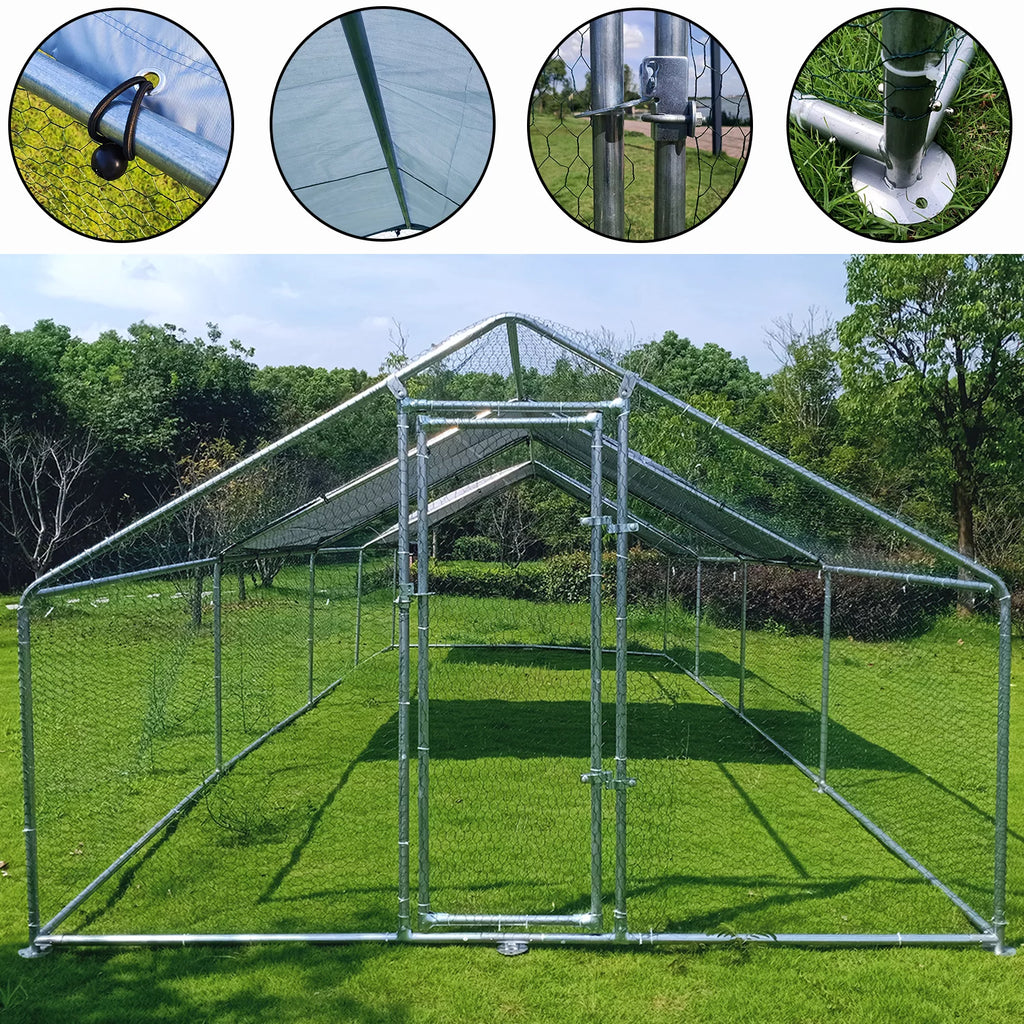 Geeloon Large Chicken Run Coop 10x26ft Metal Walk-in Poultry Cage with Cover P6510
