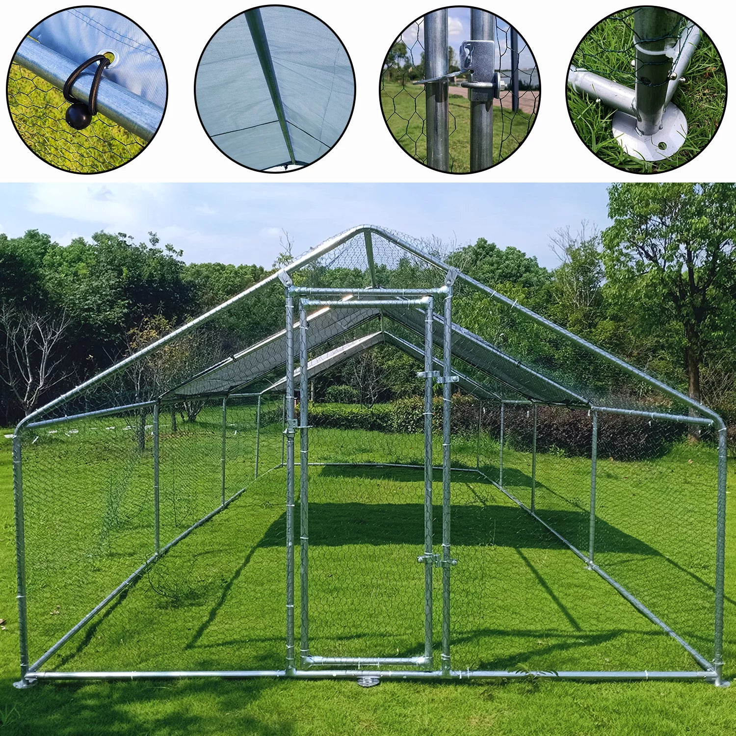 Geeloon Large Chicken Run Coop 10x26ft Metal Walk-in Poultry Cage with Cover P6510