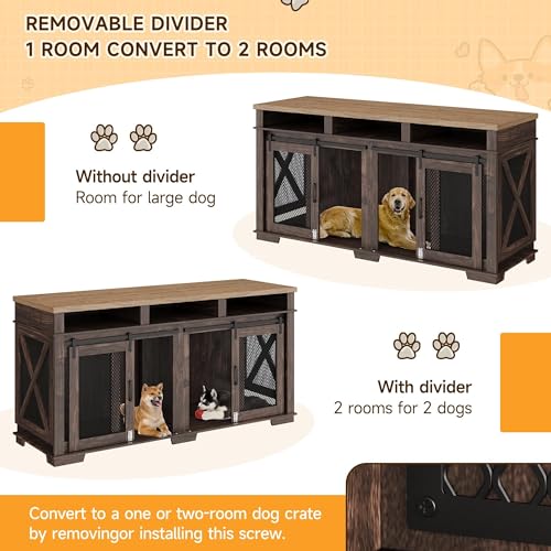Wooden Dog Crate Furniture 71" with Storage and Divider for Large Medium Dogs L29684