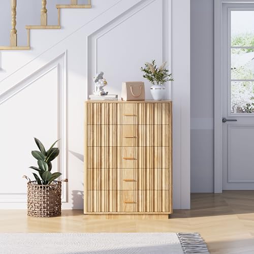Fluted 5 Drawers Dresser for Bedroom, Wooden Tall Storage, Walnut L1075
