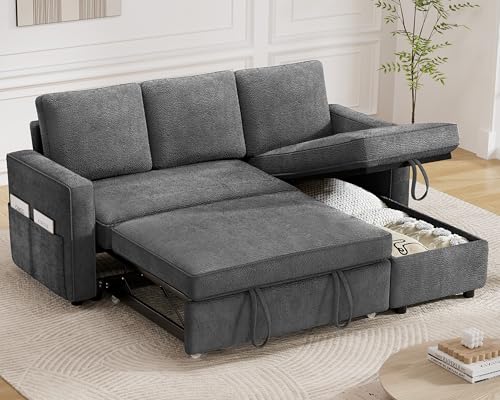 81" L Shaped Sleeper Sofa Bed with Pull Out Chaise, Chenille Grey L3419