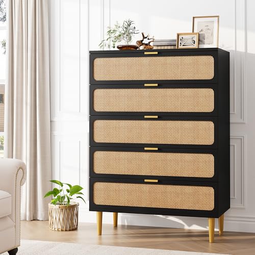 Rattan 5 Drawer Tall Dresser for Bedroom, Black V99880