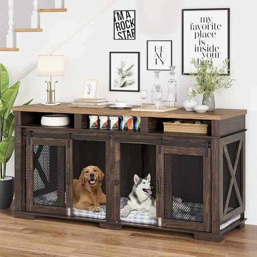 Dog Crate Furniture, 71" Wooden Dog Kennel with 3 Storages and Removable Divider, Heavy Duty Dog Crate Table Indoor TV Stand with Double Rooms, Dog Crate for Large Medium Dogs, Brown
