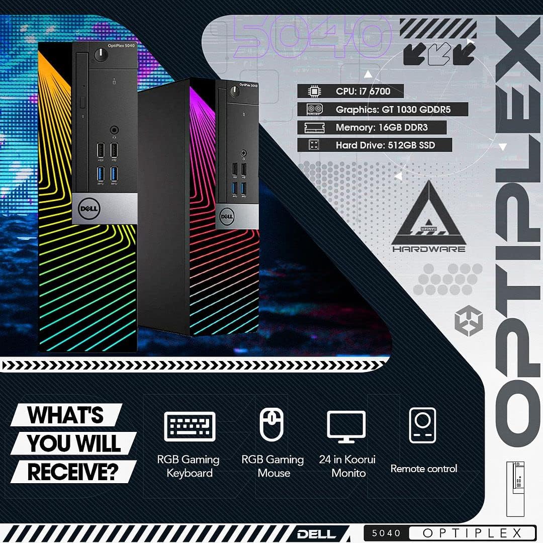 Dell Gaming Desktop PC with 24 Inch Koorui Monitor, GT 1030, i7-6700, 16GB RAM, 512GB SSD, WiFi, Windows 10 Pro, RGB Keyboard Mouse (Renewed) F9696