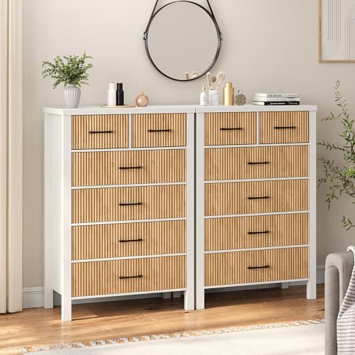 Fluted 6 Drawers Dresser for Bedroom, Tall Boho Chest with Metal Handle, Natural Oak S427