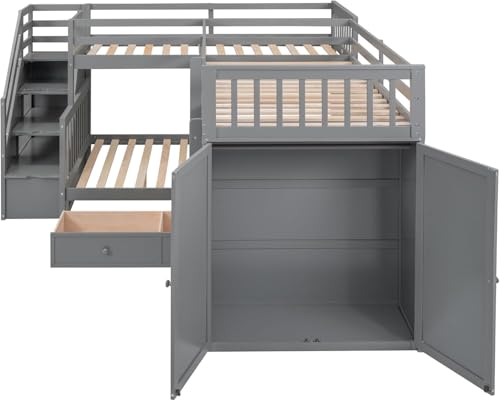 MERITLINE Twin Over Full Triple Bunk Bed with Storage Stairs, Solid Wood, Grey R998