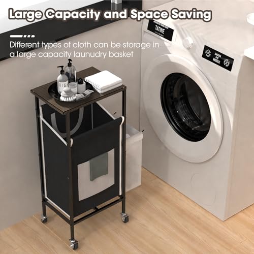 Laundry Hamper with Lid, Rolling Metal Frame Laundry Basket with Wheels, Black A6918