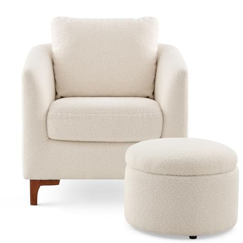 COLAMY Sherpa Accent Chair with Storage Ottoman Set, Cream E290651