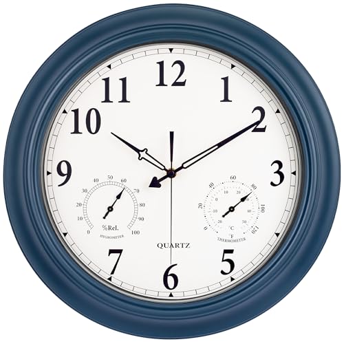 Outdoor Clocks Waterproof, 18 in Large Outdoor Clock for Patio w/Thermometer Hygrometer, Silent Battery Operated Decorative Vintage Wall Clock for Living Room/Bathroom/Pool, Navy Blue