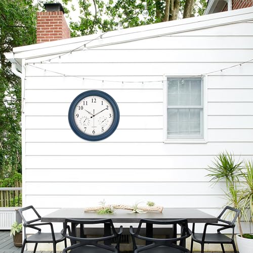 Outdoor Clock Waterproof 18 in with Thermometer Hygrometer Silent Vintage Wall Clock Navy Blue Y83330