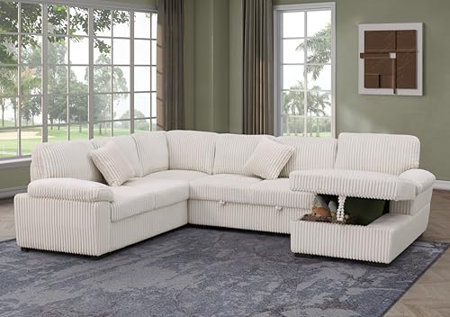 L-Shaped Pull Out Sleep Sofabed with Storage Chaise, Chenille Upholstered X30892