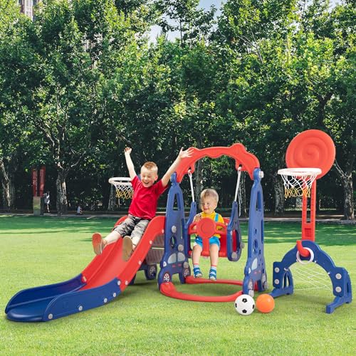 5 in 1 Toddler Slide and Swing Set for Kids Age 1-8, Indoor Outdoor Freestanding Baby Slide Climber Playset with Basketball Hoop, Football Gate, Backyards Playground Sets for Children