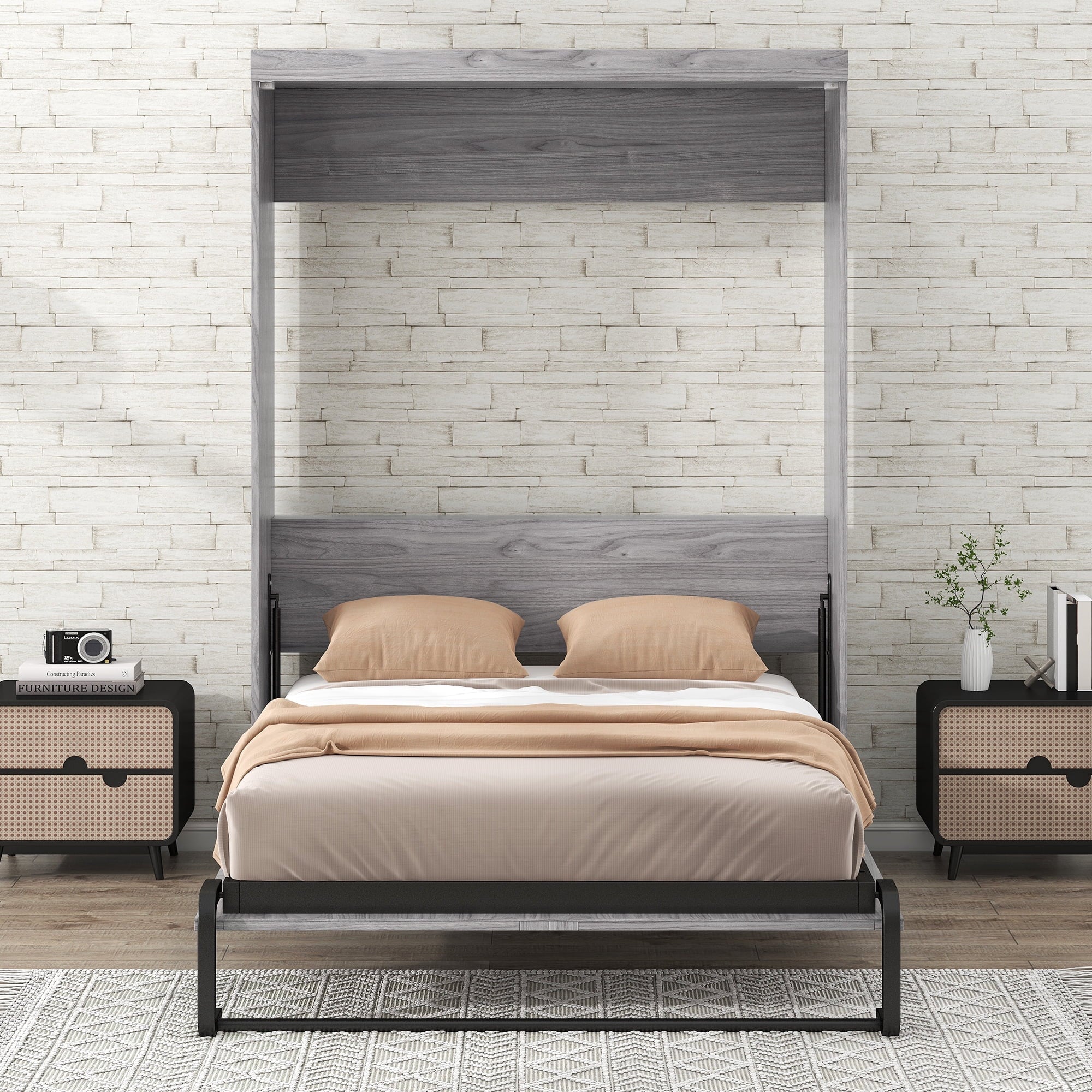 Euroco Pine Wood Full Size Murphy Bed Wall Cabinet Gray L132213