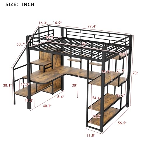 Full Size Loft Bed with Desk & Stairs, Heavy Duty Metal, Black E948