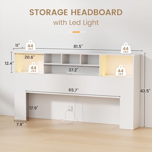 King Size Bed Headboard with LED Light and Storage Bookcase H72493