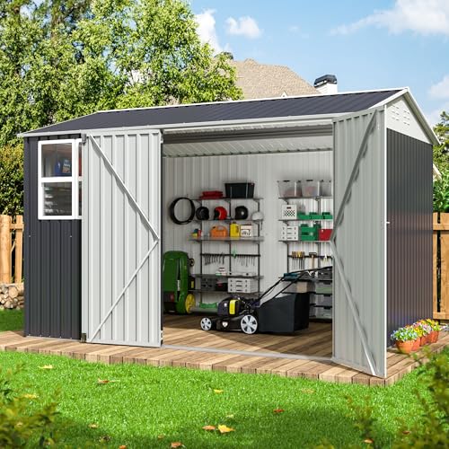 10x10 FT Outdoor Metal Storage Shed with Lockable Doors, Grey Q804763