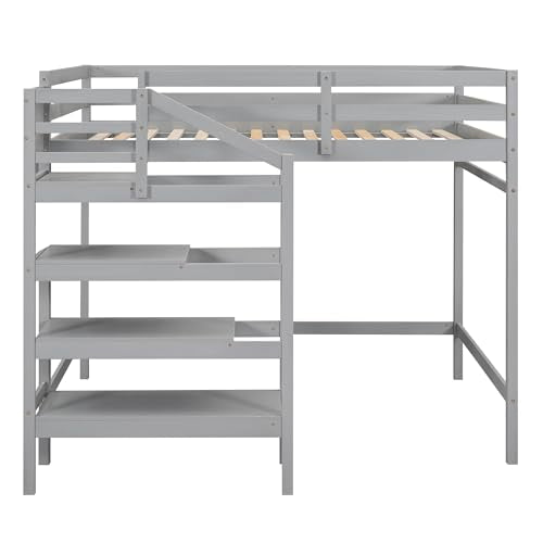 Harper & Bright Designs Full Loft Bed with Staircase and Storage Wardrobe, Gray G6357
