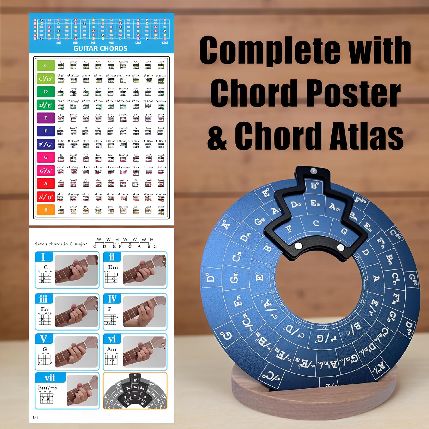 Circle of Fifths Wheel Metal Melody Tool with Guitar Chord Chart and Wooden Stand H2494