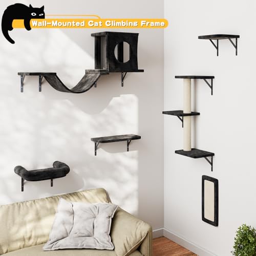 NUNU LAB Wall Mounted Cat Climber Set with House, Tunnel, Scratcher, Black M305