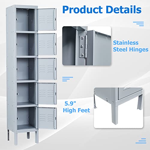 Letaya Metal Lockers 5 Doors 66" Tall Steel Storage Cabinet Gray G40479