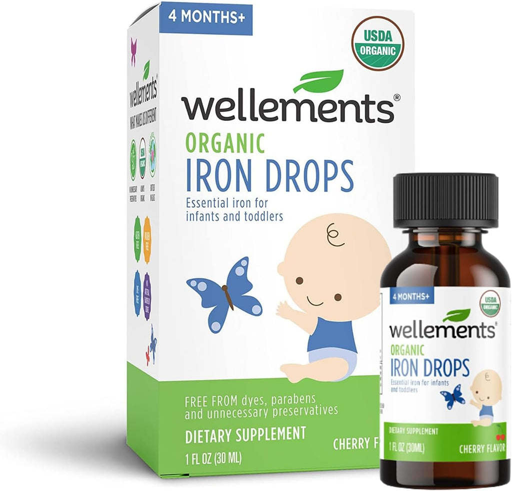 Wellements Organic Iron Drops for Babies | Essential Liquid Iron Supplement for Infants & Toddlers, USDA Certified Organic, Cherry Flavor | 4 Months+, 1 Fl Oz