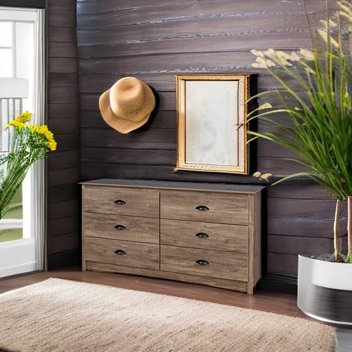 Prepac Rustic Ridge Farmhouse 6-Drawer Double Dresser, Brown X6434