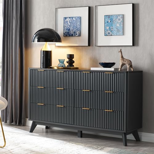 T4TREAM Fluted 5 Drawers Dresser, 48" Tall Modern Chest of Drawers with Faux Marble Top, Curved Profile Design, Wood Drawer Organizer for Bedroom, Living Room, Hallway, Entryway, Dark Grey