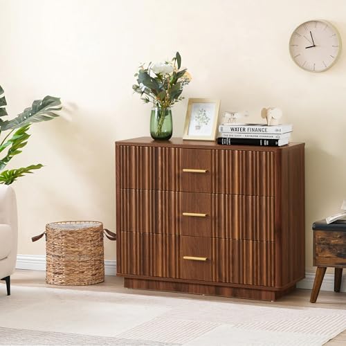 Fluted 5 Drawers Dresser for Bedroom, Wooden Tall Storage, Walnut L1075