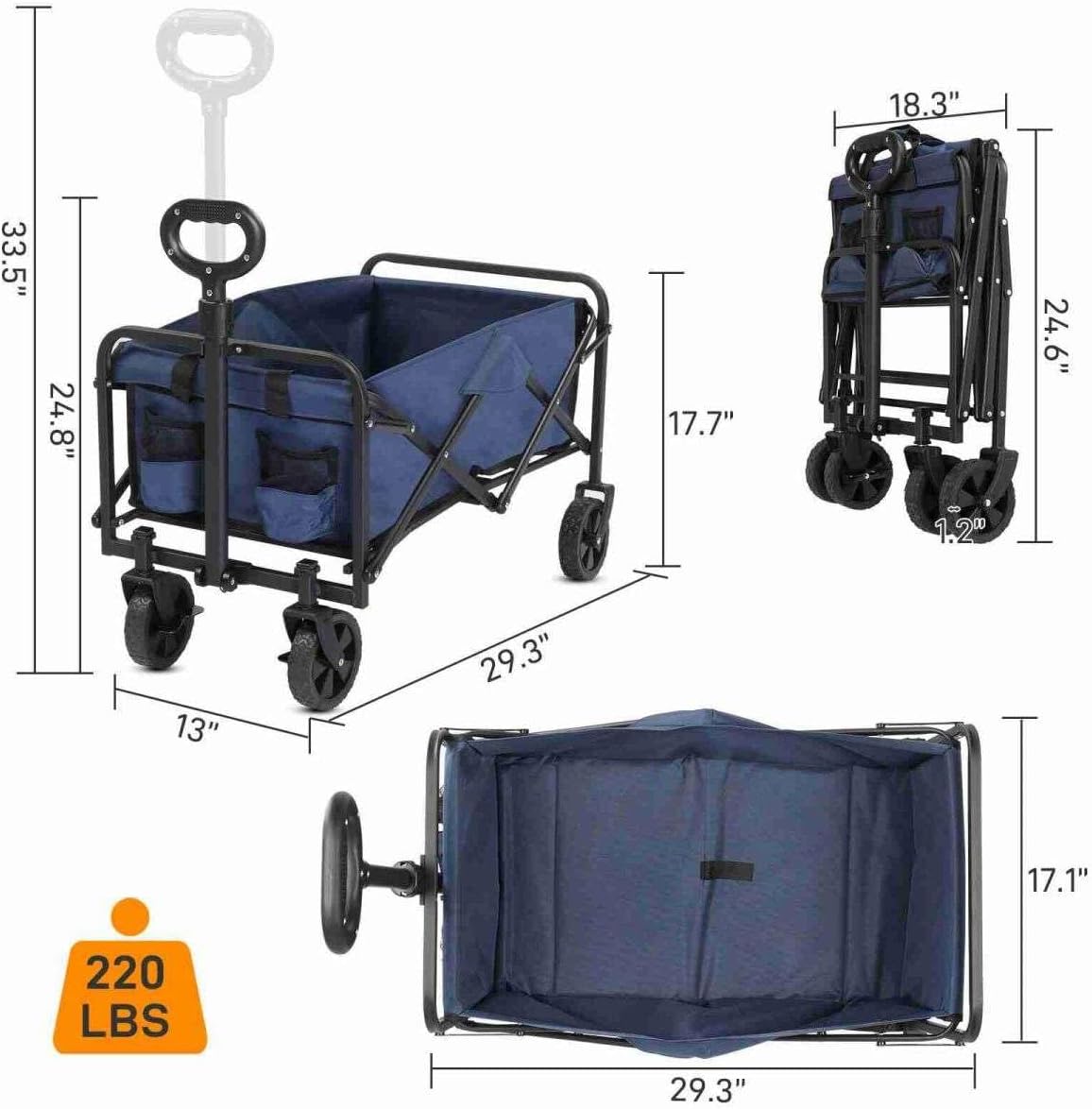 Collapsible Foldable Wagon with All Terrain Wheels, Heavy Duty Utility Cart for Outdoor, Blue J8692