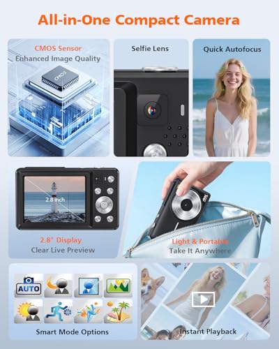4K 64MP Autofocus Vlogging Camera with Front Rear Lens, 16X Zoom, White T3704