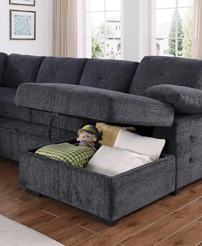 L-Shaped Pull Out Sleep Sofabed with Storage Chaise, Chenille Upholstered X30892