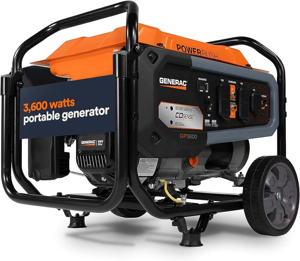 Generac 7678 GP3600 3,600-Watt Portable Generator 50-State / CARB Compliant for Reliable Power Anywhere, 24" W x 22.5" D x 21.3 H, Orange/Black