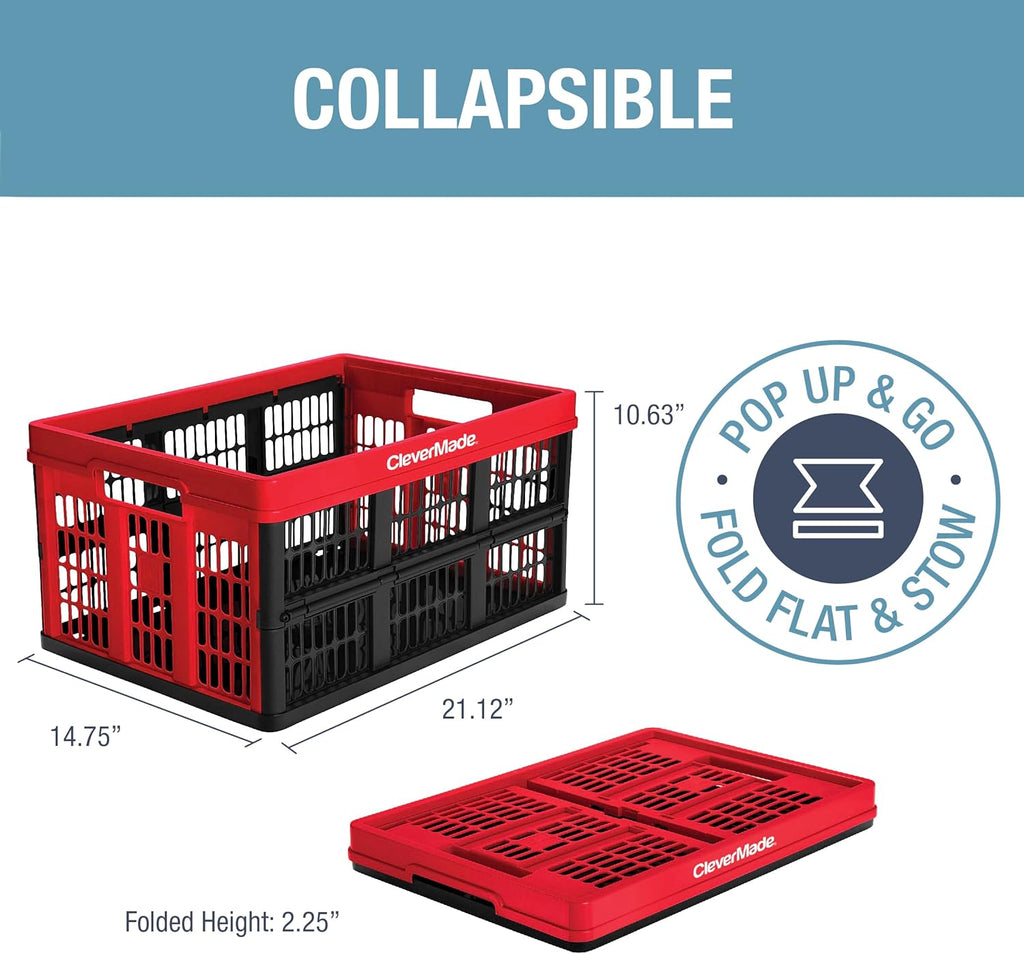 CleverMade Collapsible Utility Crate, Red, 45L, Stackable Plastic Storage Bin W43394