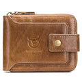 BULLCAPTAIN Genuine Leather Wallet for Men Large Capacity ID Window Card Case with Zip Coin Pocket QB-231 (Coffee)