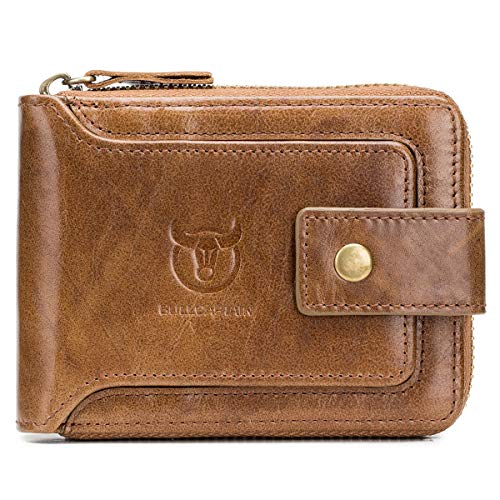 BULLCAPTAIN Genuine Leather Wallet for Men Large Capacity ID Window Card Case with Zip Coin Pocket QB-231 (Coffee)