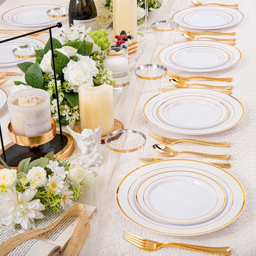bUCLA 300PCS Gold Disposable Dinnerware Set - White and Gold Plastic Plates for Party S185