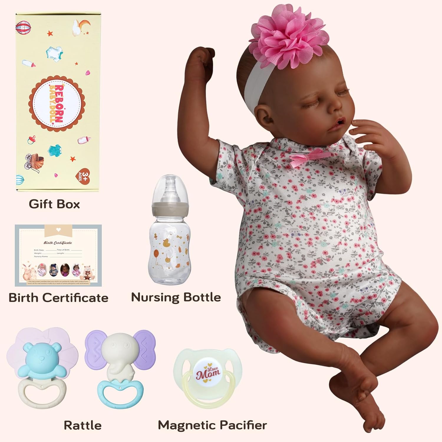 JIZHI Lifelike Reborn Baby Doll Black 17-Inch Soft Body Realistic Newborn Y418