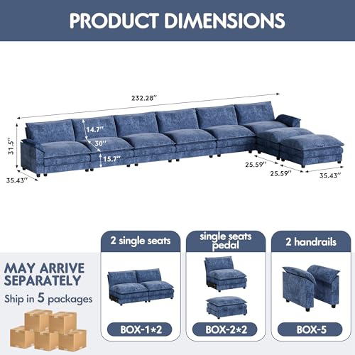 Homall 119" Modular Sectional Sofa with Reversible Ottoman, Light Grey V97154