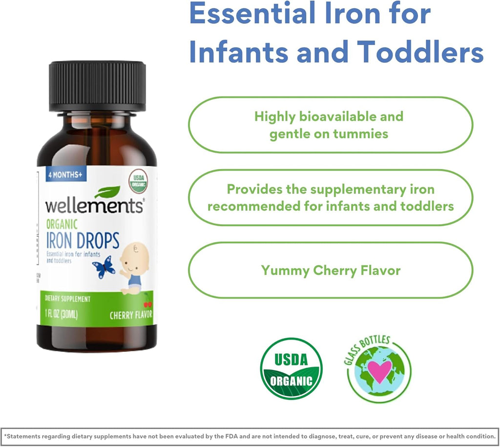 Wellements Organic Iron Drops for Babies, Cherry Flavor, 1 Fl Oz M699