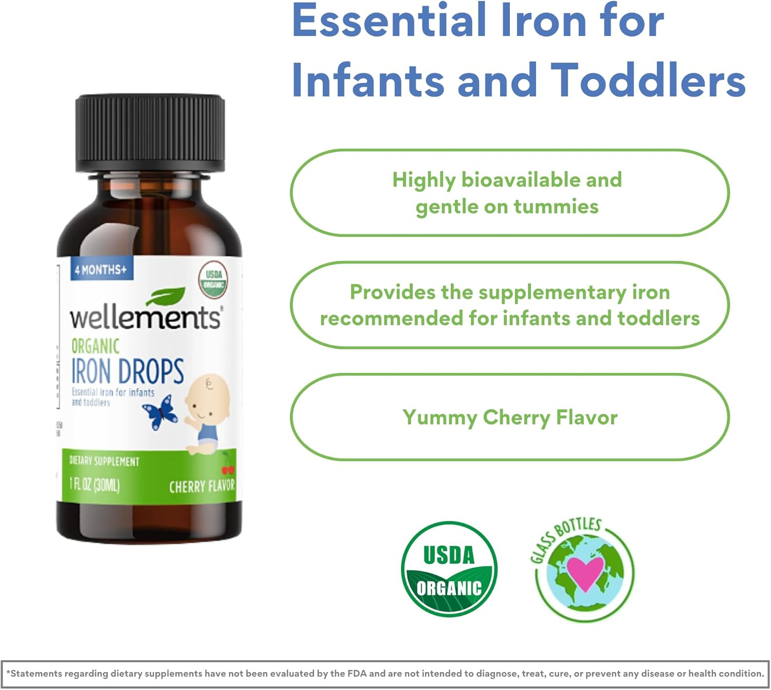 Wellements Organic Iron Drops for Babies, Cherry Flavor, 1 Fl Oz M699